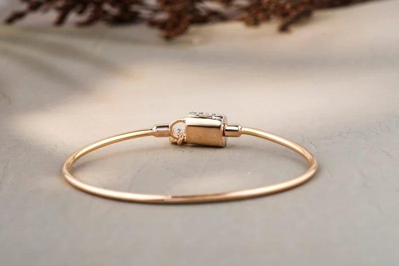 14k Solid Gold Lock and Key Charm Bangle Bracelet - JBR Jeweler