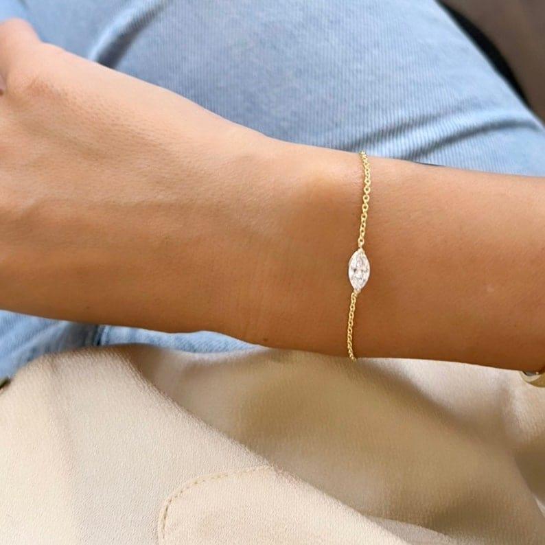 14k Solid Gold Marquise Lab Grown Diamond Dainty Bracelet - JBR Jeweler