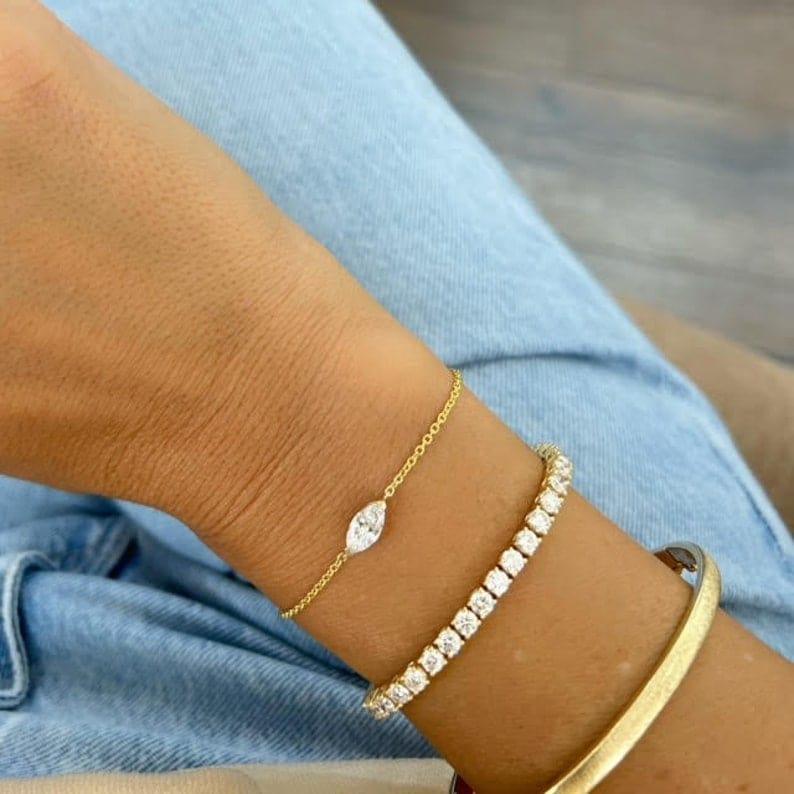 14k Solid Gold Marquise Lab Grown Diamond Dainty Bracelet - JBR Jeweler
