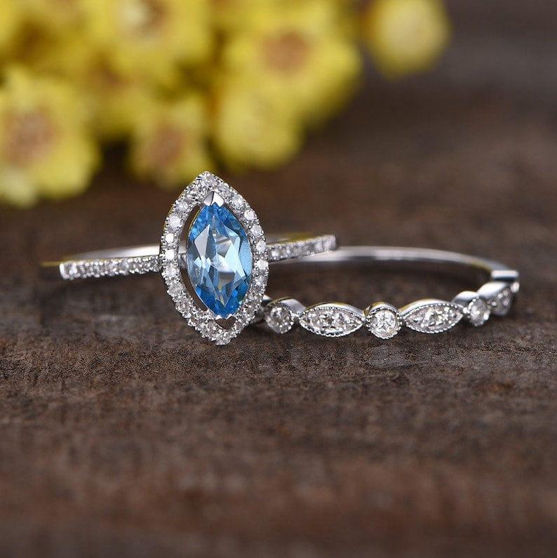 14K Solid Gold Marquise Natural Swiss Blue Topaz Gemstone Wedding Ring - JBR Jeweler