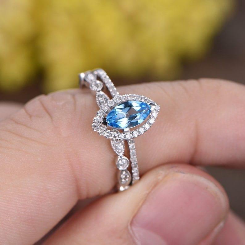 14K Solid Gold Marquise Natural Swiss Blue Topaz Gemstone Wedding Ring - JBR Jeweler