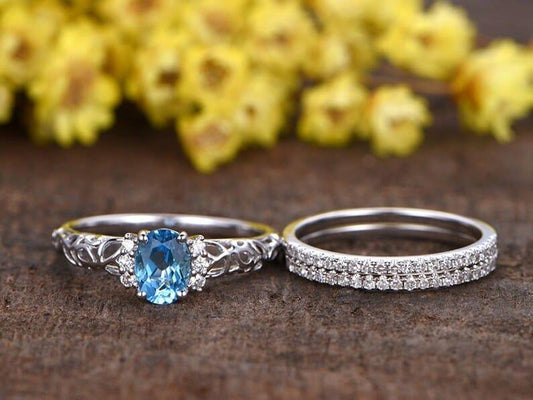 14K Solid Gold Oval Cut Natural Swiss Blue Topaz Gemstone Wedding Ring - JBR Jeweler