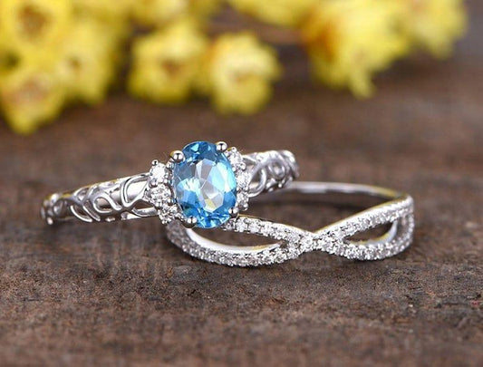 14K Solid Gold Oval Cut Natural Swiss Blue Topaz Gemstone Wedding Ring - JBR Jeweler