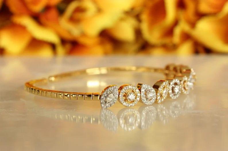 14k Solid Gold Pear and Marquise Shaped Diamond Cuff Bracelet - JBR Jeweler