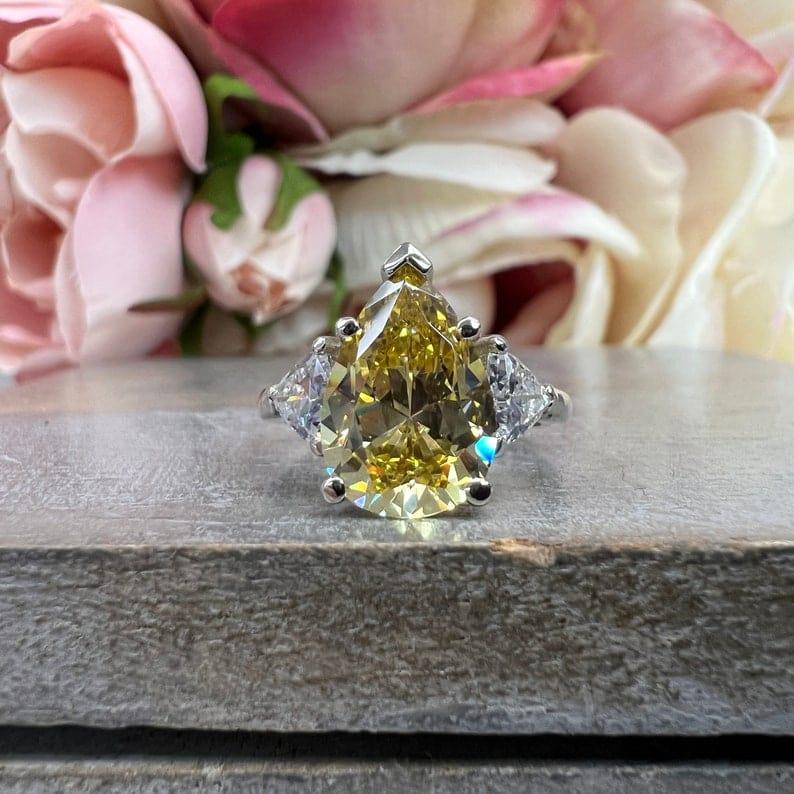 14K Solid Gold Pear Cut Yellow Topaz Three Stone Gemstone Ring - JBR Jeweler