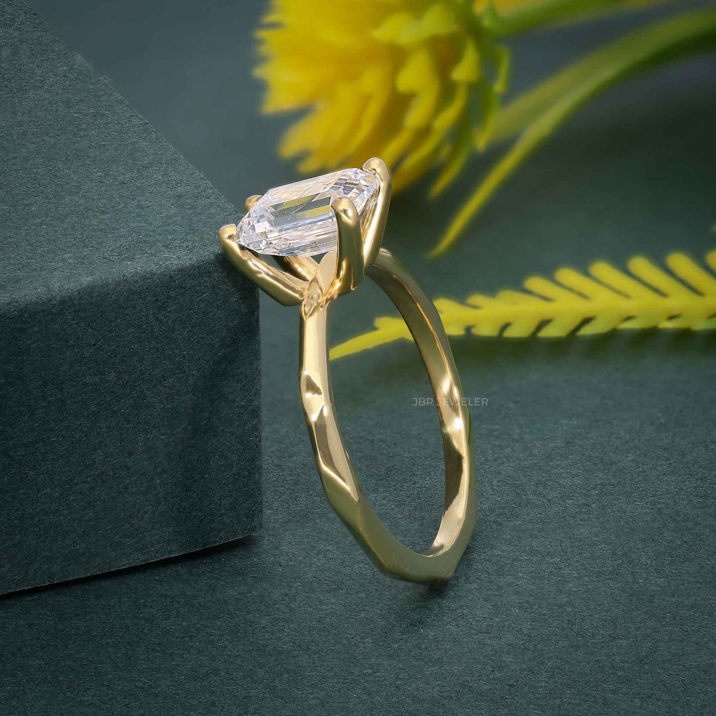Squared edges Emerald Lab Grown Diamond Engagement Ring