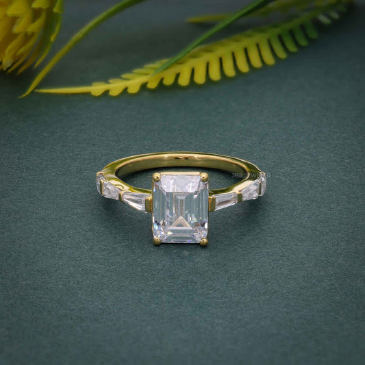 Emerald Lab Grown Diamond Engagement Ring with Side Stone Baguette