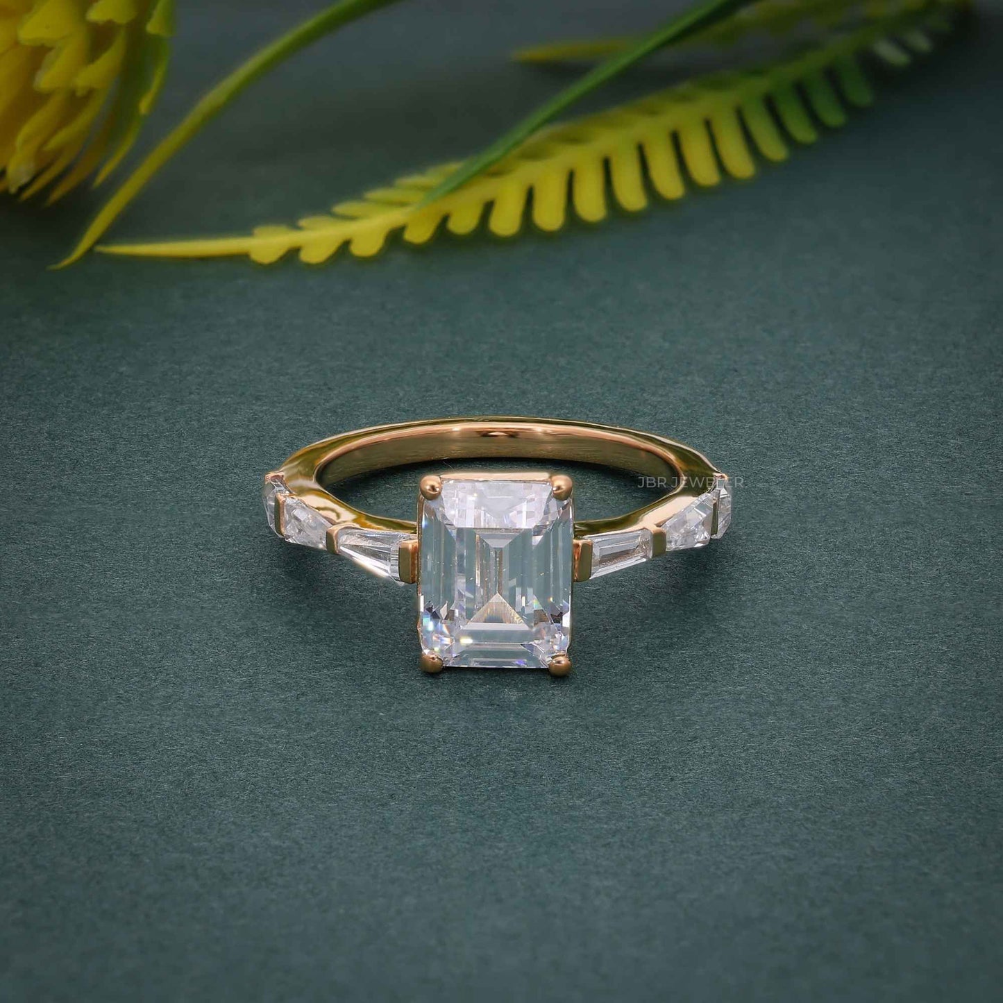 Emerald Moissanite Engagement Ring with Side Stone Baguette