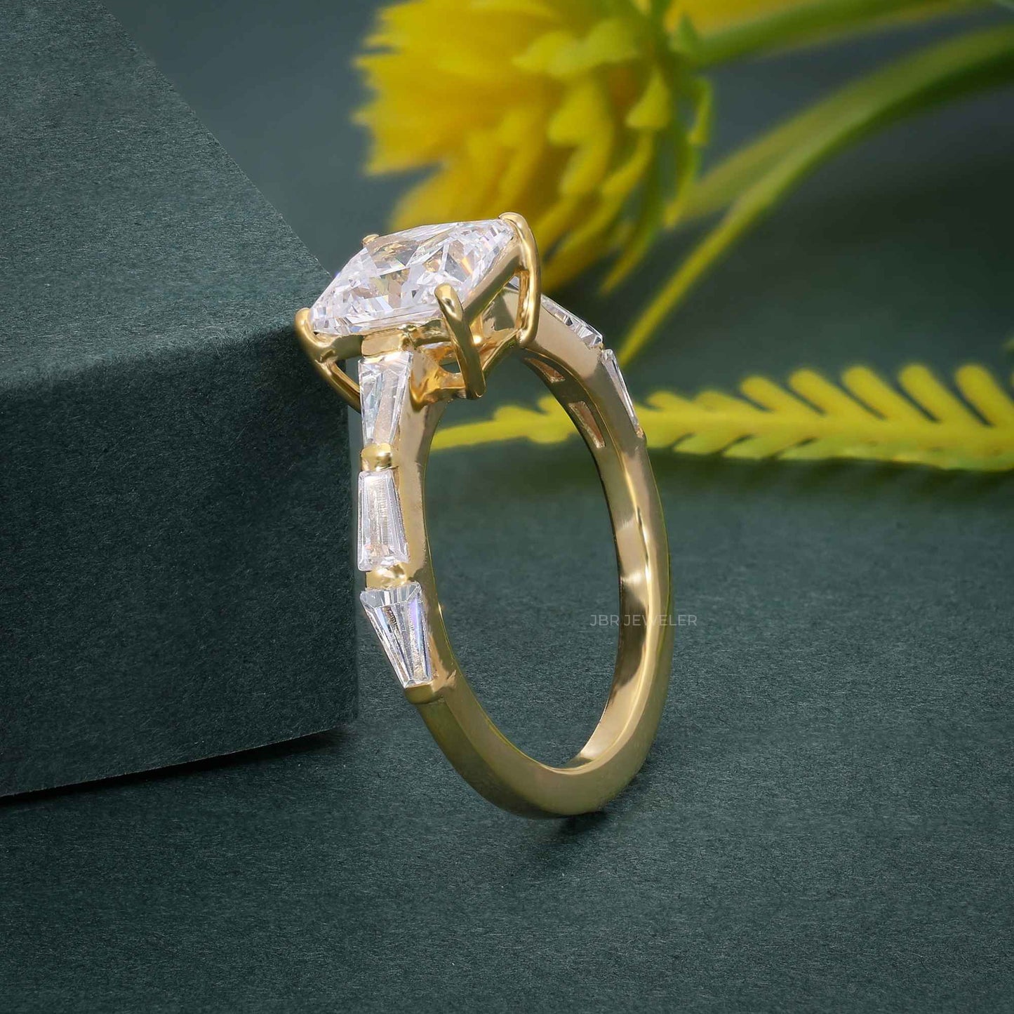 Princess Cut Moissanite Engagement Ring with Side Stone Baguette