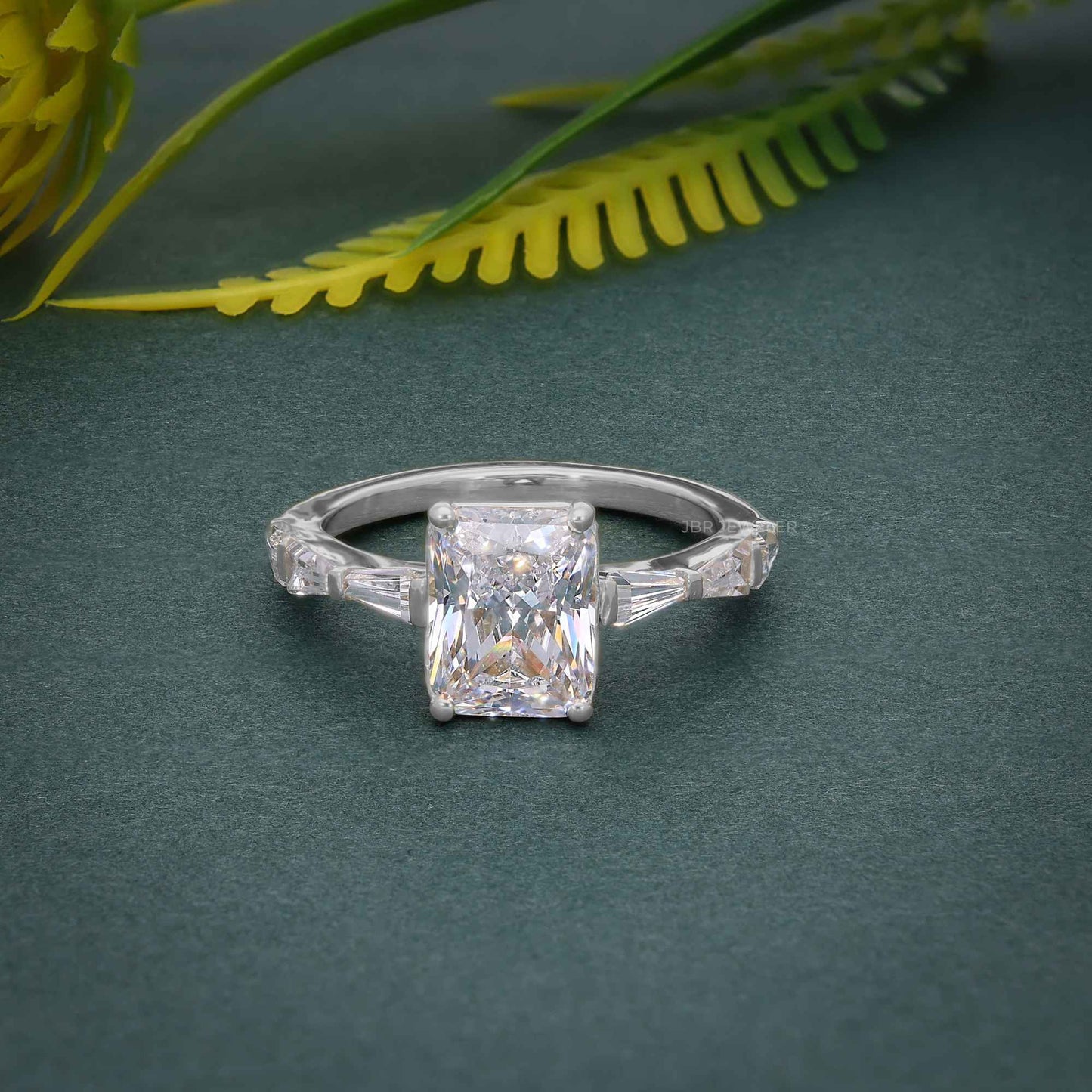 Radiant Lab Grown Diamond Engagement Ring with Side Stone Baguette