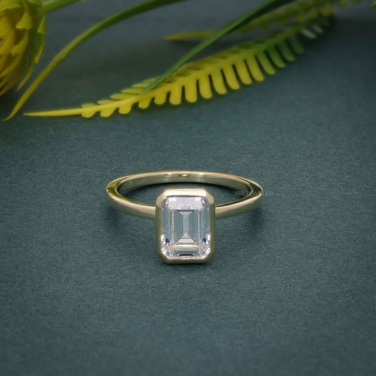 Classic Bezel Set Emerald Moissanite Diamond Engagement Ring
