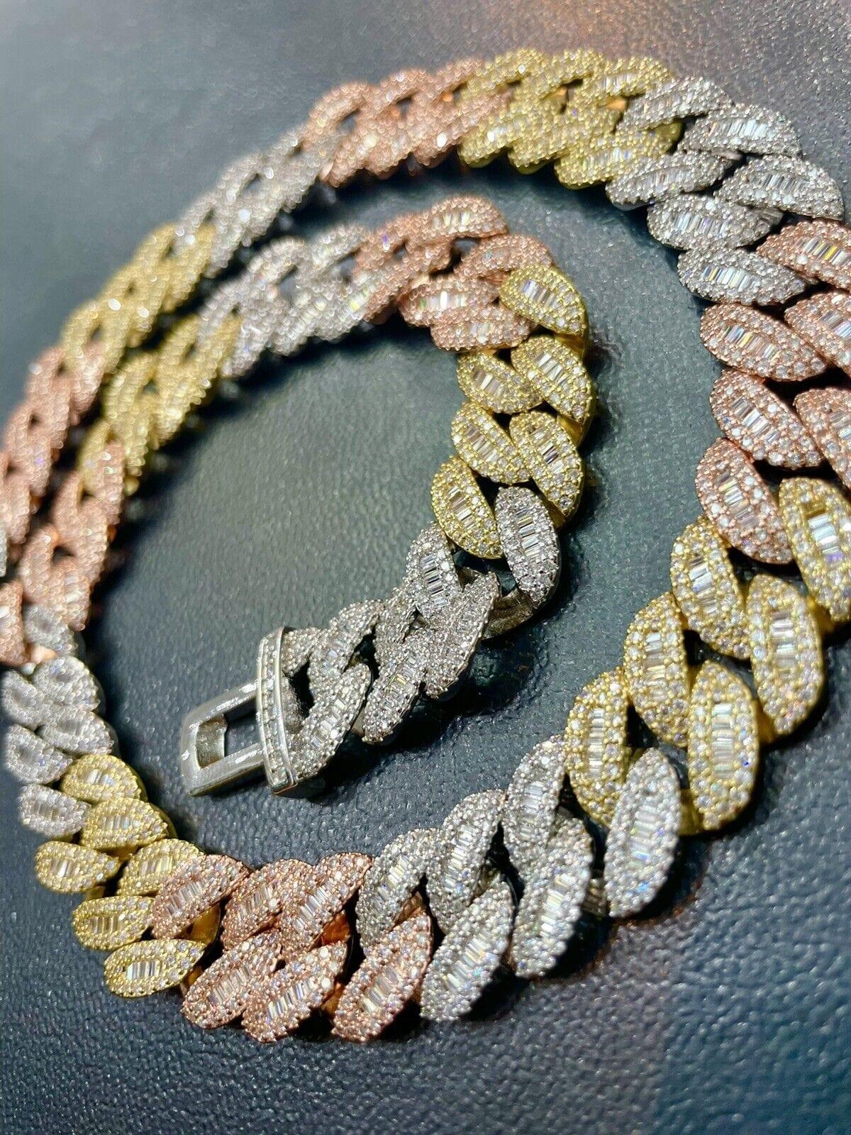 16MM Triple Tone Baguette Diamond and Round VVS Moissanite Miami Cuban Link Chain - JBR Jeweler