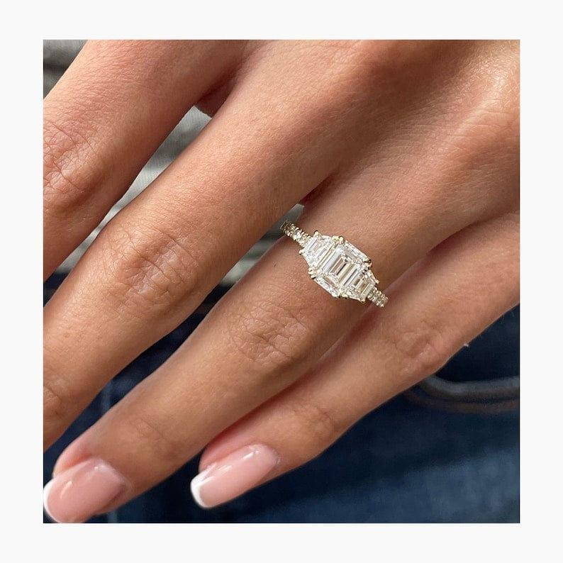 1Ct Emerald Cut Lab Grown Diamond Trapezoid Side Stone Engagement Ring - JBR Jeweler