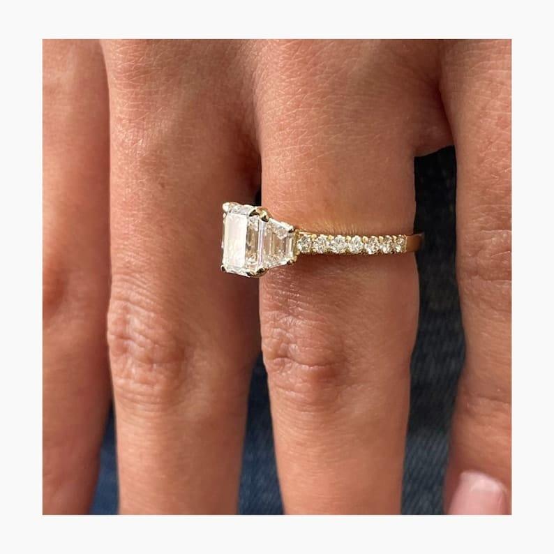 1Ct Emerald Cut Lab Grown Diamond Trapezoid Side Stone Engagement Ring - JBR Jeweler