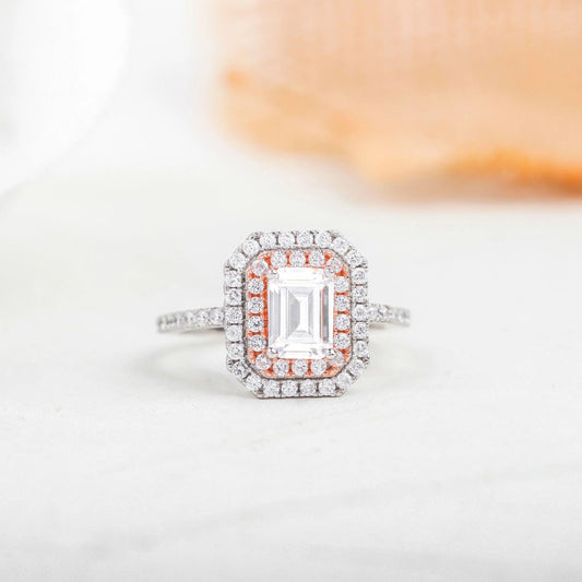 1CT Emerald Cut Lab-Grown Diamond Two Tone Halo Engagement Ring - JBR Jeweler