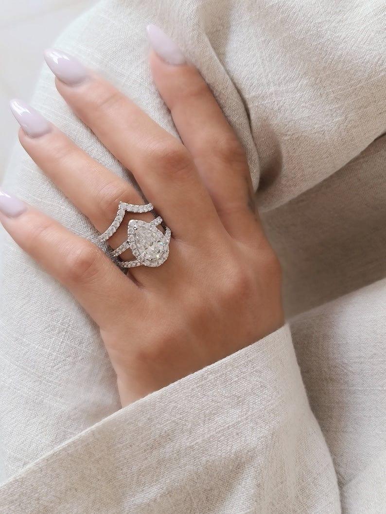1CT Pear Cut Halo Split Shank Lab-Grown Diamond Bridal Set Ring - JBR Jeweler