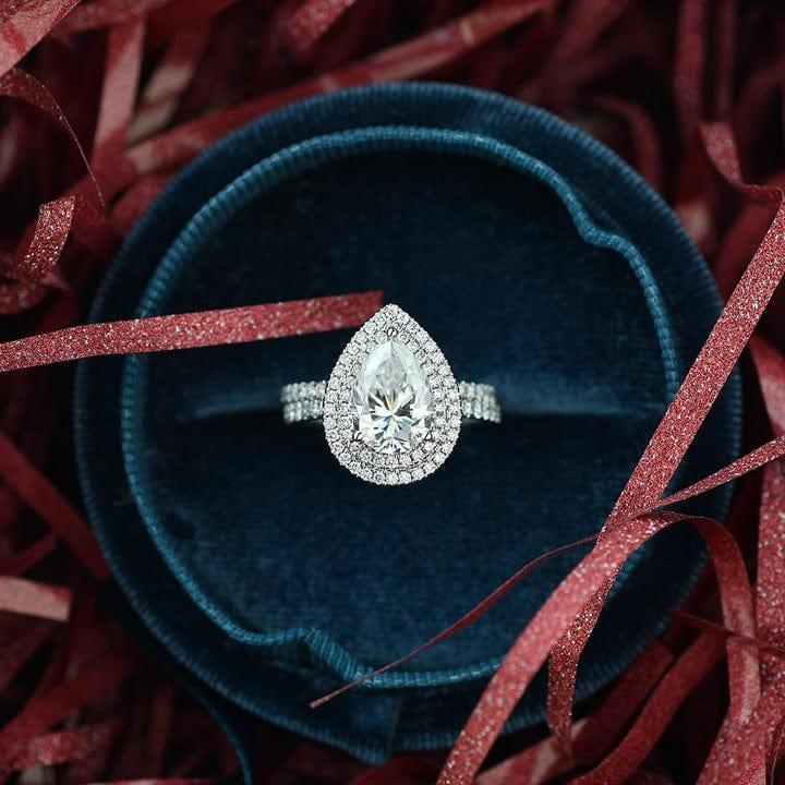 1CT Pear Cut Lab-Grown Diamond Double Halo Bridal Set Ring (2Pcs) - JBR Jeweler