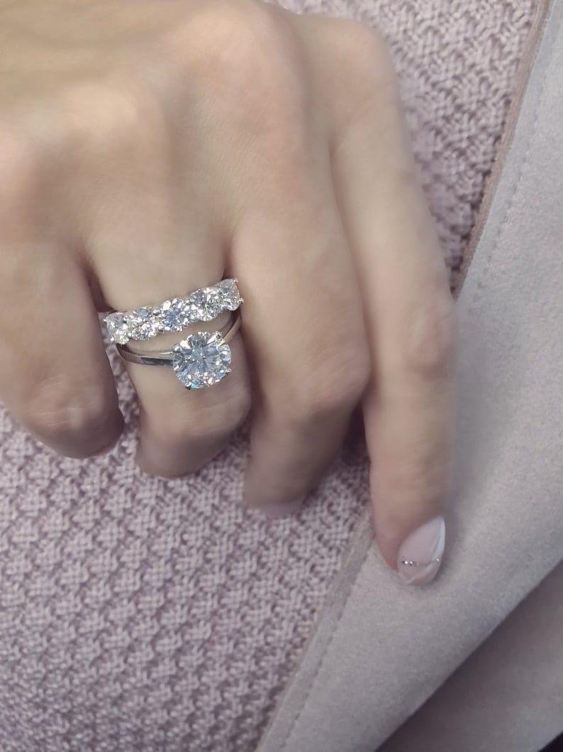 1CT Round Cut Lab-Grown Diamond Engagement Ring Five Stone Matching Band - JBR Jeweler
