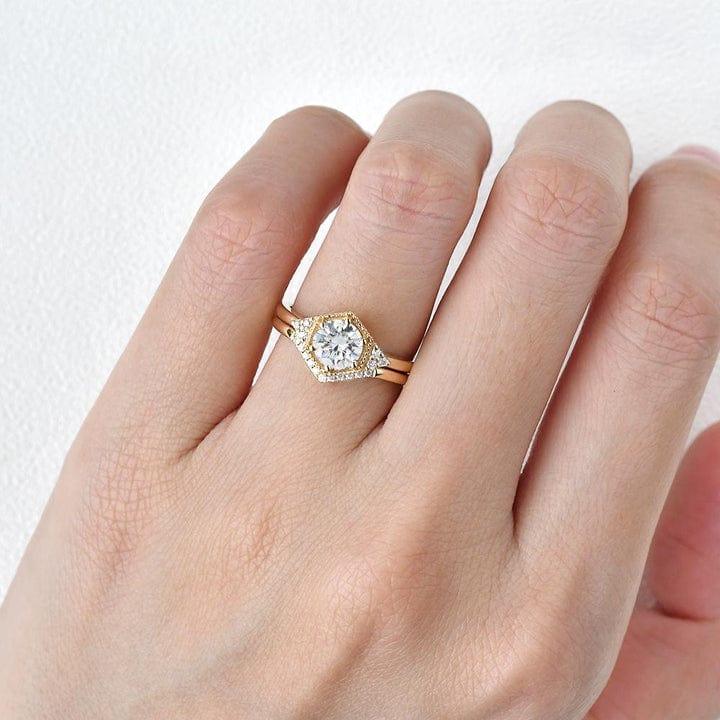 1CT Round Cut Lab Grown Diamond Hexagon Style Bridal Ring Set with Band (2PCS) - JBR Jeweler