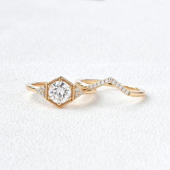 1CT Round Cut Lab Grown Diamond Hexagon Style Bridal Ring Set with Band (2PCS) - JBR Jeweler
