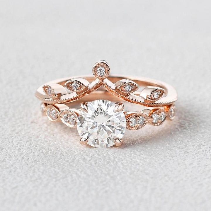 1CT Round Cut Lab-Grown Diamond Milgrain Bridal Ring Set with Band - JBR Jeweler