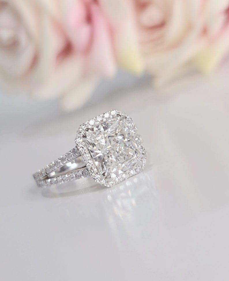 1CT Square Radiant Cut Lab-Grown Diamond Halo Split Shank Engagement Ring - JBR Jeweler