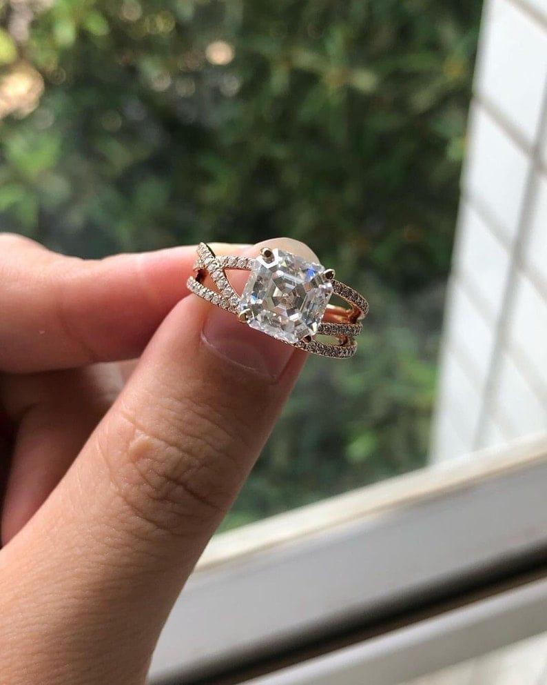 JBR Jeweler Moissanite Engagement Ring 2.00CT Asscher Cut Diamond Cluster Split Shank Moissanite Engagement Ring