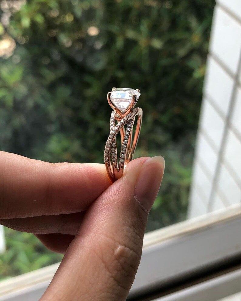 2.00CT Asscher Cut Diamond Cluster Split Shank Moissanite Engagement R