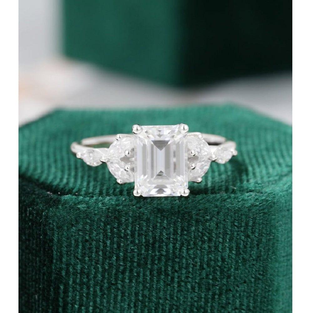 2.00CT Emerald Cut White Gold Marquise Diamond Cluster Moissanite Engagement Ring - JBR Jeweler