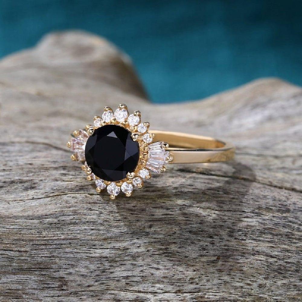 2.00CT Floral Halo Black Round Cut Moissanite Yellow Gold Cluster Moissanite Promise Ring - JBR Jeweler