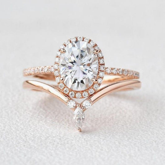 2.00CT Oval Lab-Grown Diamond Halo Bridal Set Ring With Wedding Band(2Pcs) - JBR Jeweler