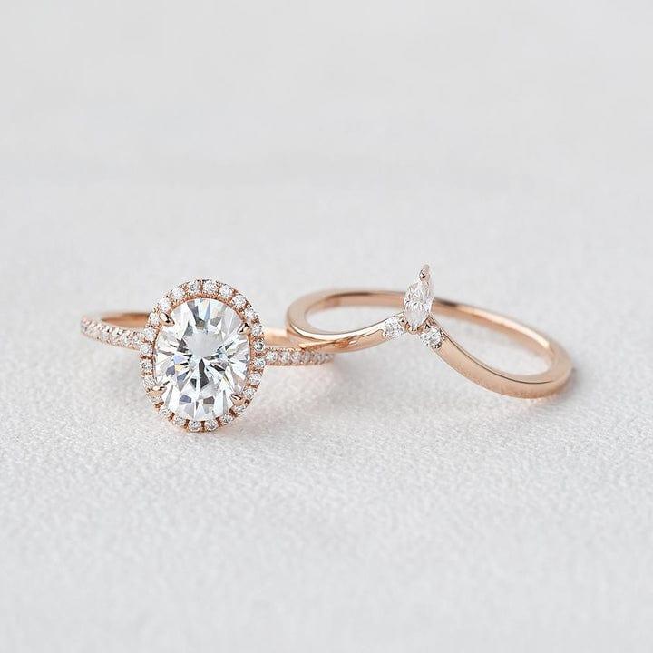 2.00CT Oval Lab-Grown Diamond Halo Bridal Set Ring With Wedding Band(2Pcs) - JBR Jeweler