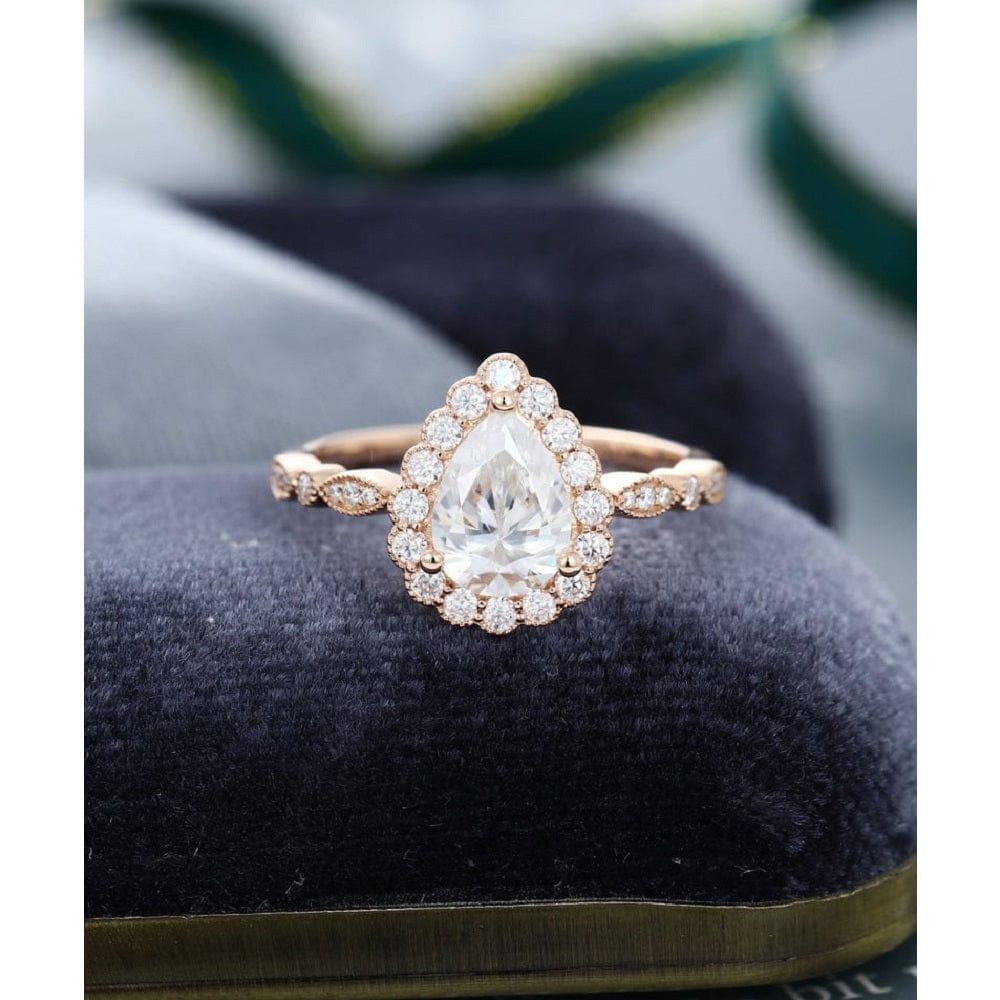 JBR Jeweler Moissanite Engagement Ring 3 US / 10K Gold 2.00Ct Pear Cut Rose Gold Milgrain Halo Vintage Promise Moissanite Engagement Ring