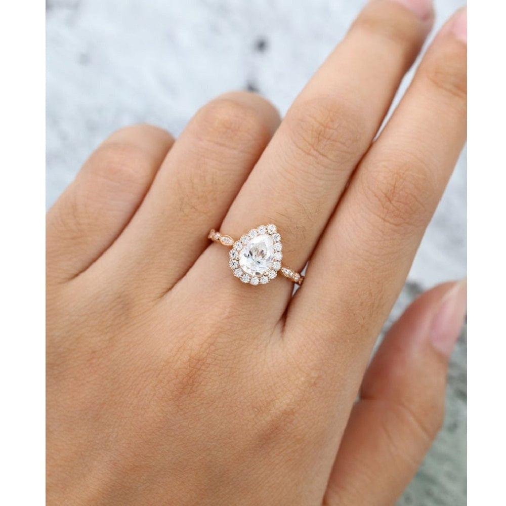 JBR Jeweler Moissanite Engagement Ring 2.00Ct Pear Cut Rose Gold Milgrain Halo Vintage Promise Moissanite Engagement Ring