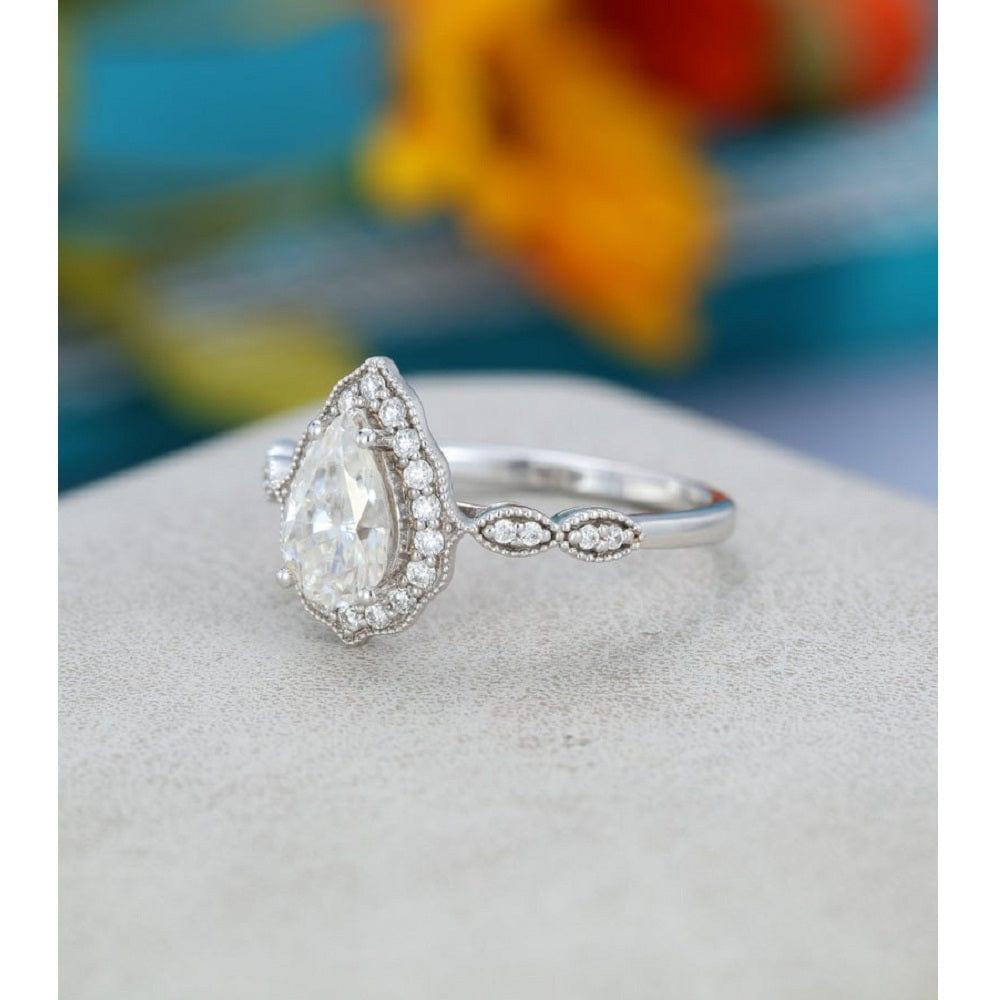 2.00CT Pear Cut White Gold Milgrain Vintage Women Halo Moissanite Engagement Ring - JBR Jeweler