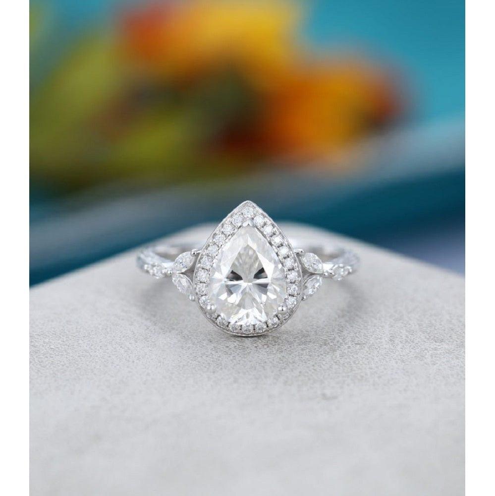 2.00CT Pear Cut Woodgrain Band White Gold Halo Set Moissanite Engagement Ring - JBR Jeweler
