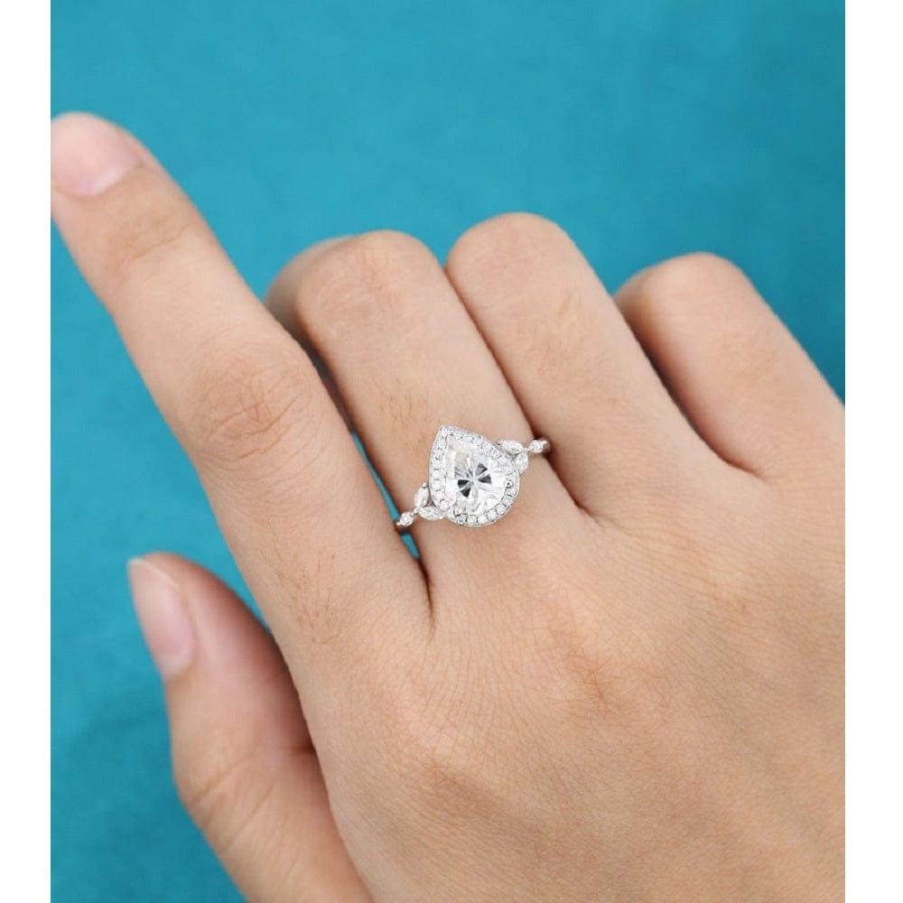 2.00CT Pear Cut Woodgrain Band White Gold Halo Set Moissanite Engagement Ring - JBR Jeweler