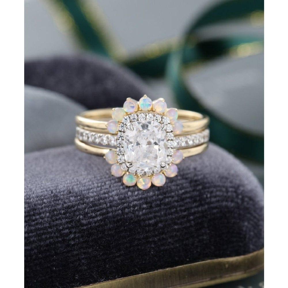 2.0CT Cushion Cut Unique Art Deco Halo Curved Opal Moissanite Engagement Ring Bridal Set - JBR Jeweler