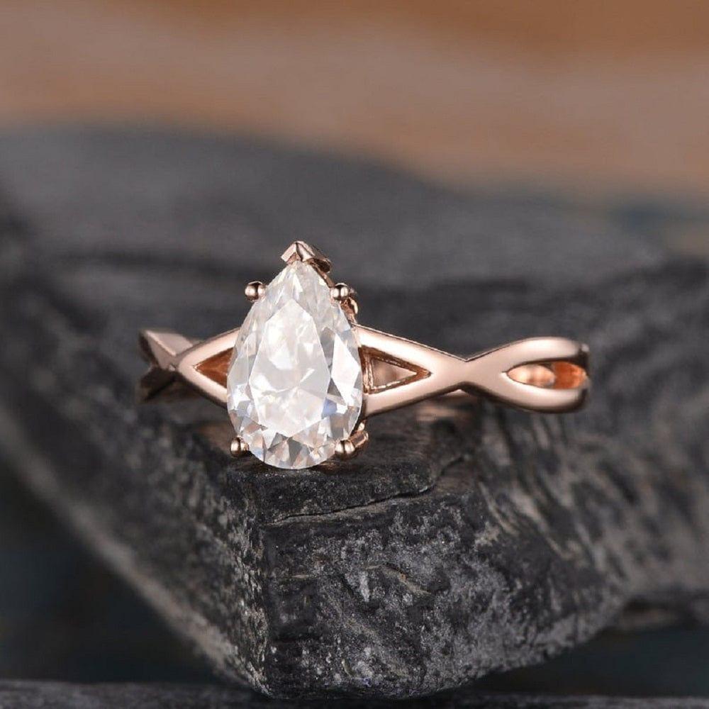 2.0CT Pear Shaped Rose Gold Solitaire Intertwined Moissanite Engagement Ring - JBR Jeweler