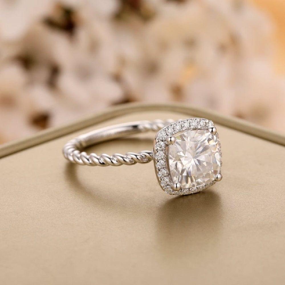2.50CT Cushion Cut Moissanite Center Swirl Shank Halo Engagement Ring - JBR Jeweler