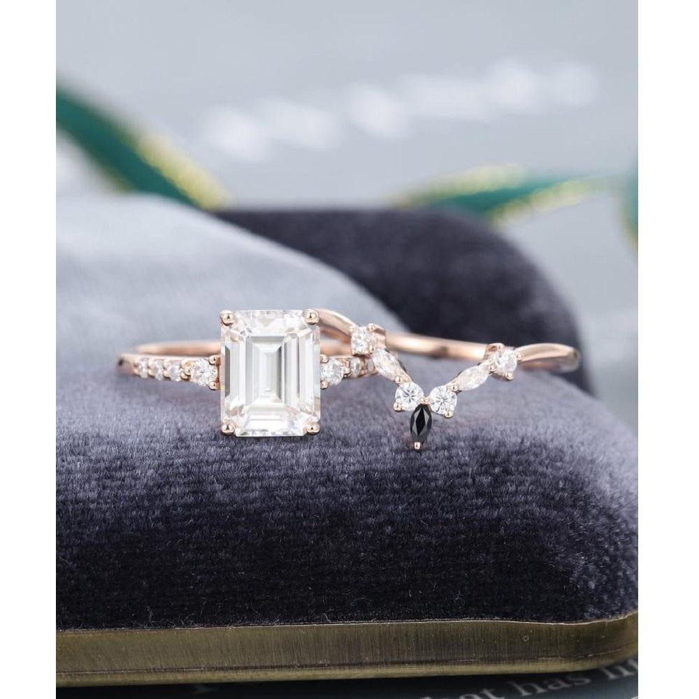 2.50CT Emerald Cut Marquise Cut Vintage Rose Gold Moissanite Engagement Ring With Matching Band - JBR Jeweler