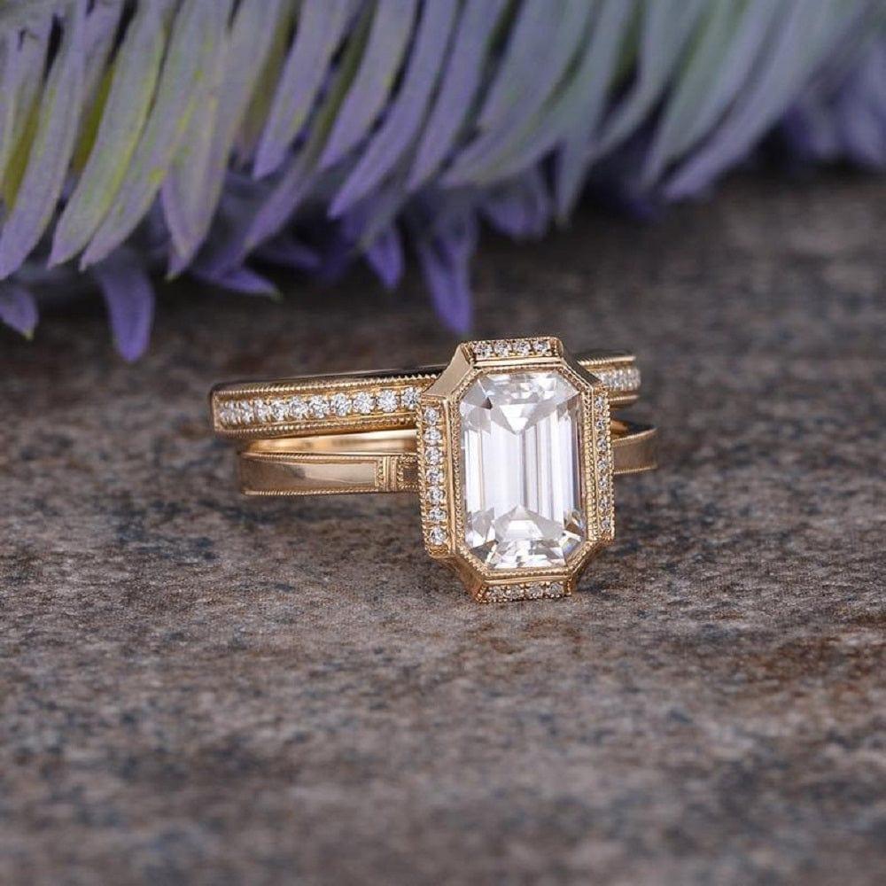 2.50CT Emerald Cut Yellow Gold Vintage Half Eternity Moissanite Engagement Ring Bridal Set - JBR Jeweler