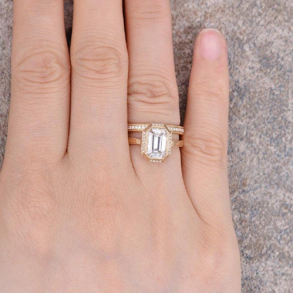 2.50CT Emerald Cut Yellow Gold Vintage Half Eternity Moissanite Engagement Ring Bridal Set - JBR Jeweler