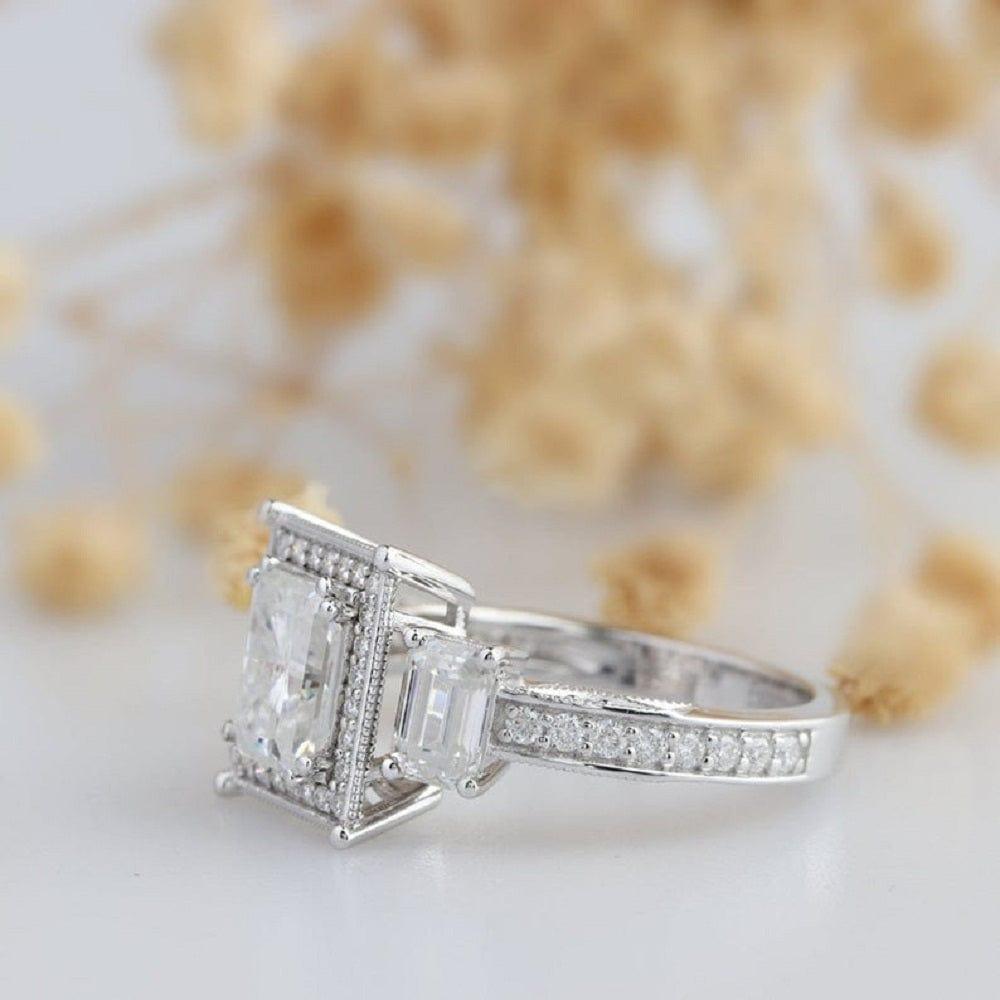 2 CT Radiant Cut Halo Three Stone White Gold Moissanite Engagement Ring - JBR Jeweler