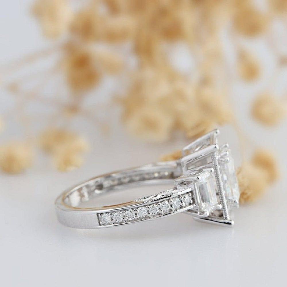 2 CT Radiant Cut Halo Three Stone White Gold Moissanite Engagement Ring - JBR Jeweler