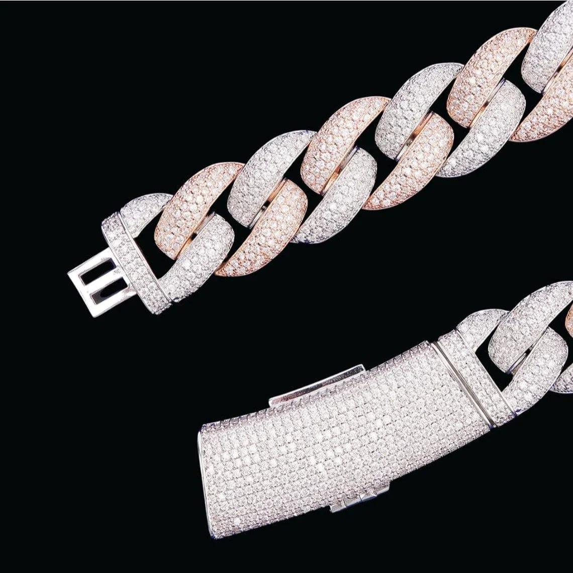 20MM 2 Tone Gold Round VVS Moissanite Diamond Cuban Miami Link Chain with Long Box Clasp - JBR Jeweler