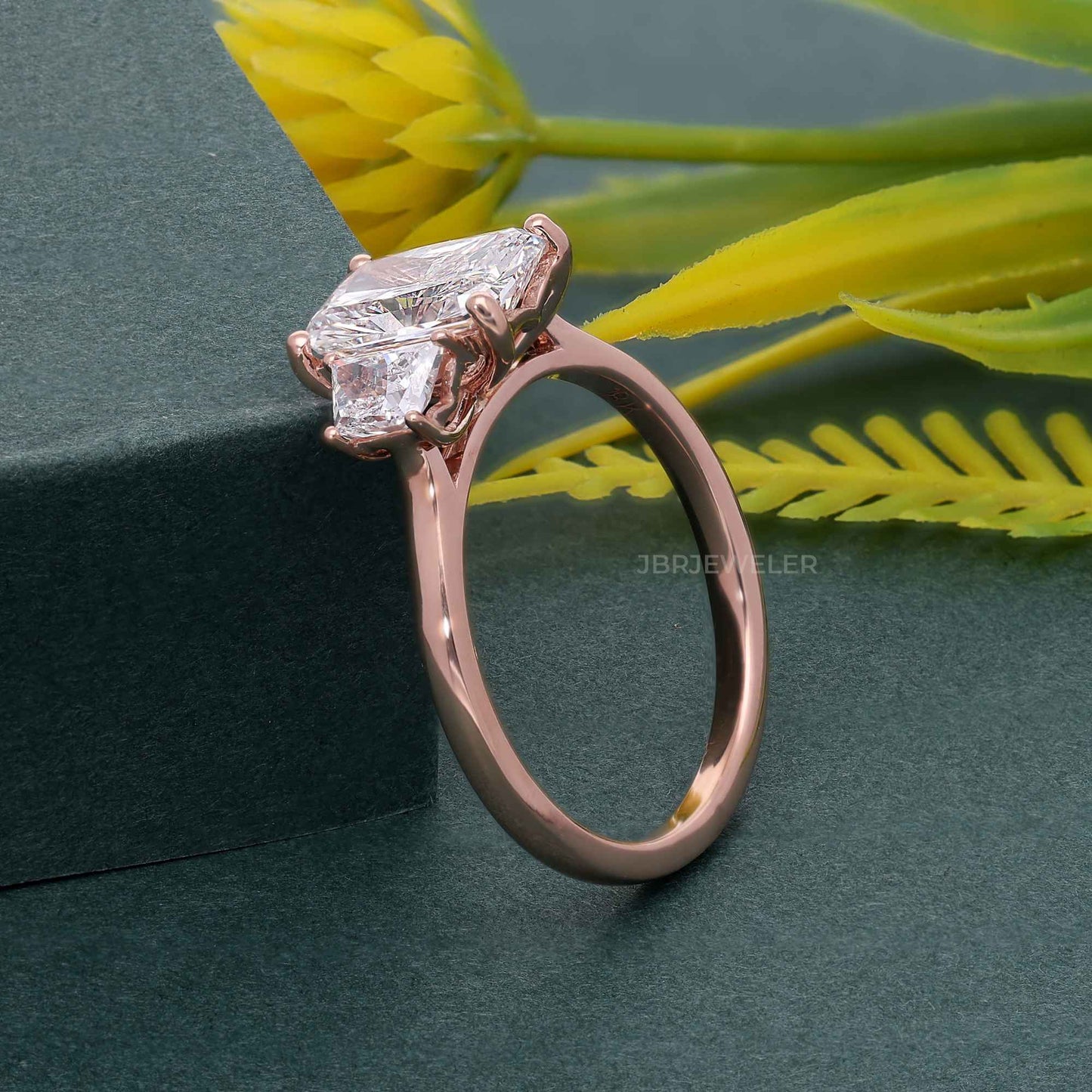 2Ct Radiant Cut Lab Grown Side Trapezoid Engagement Ring