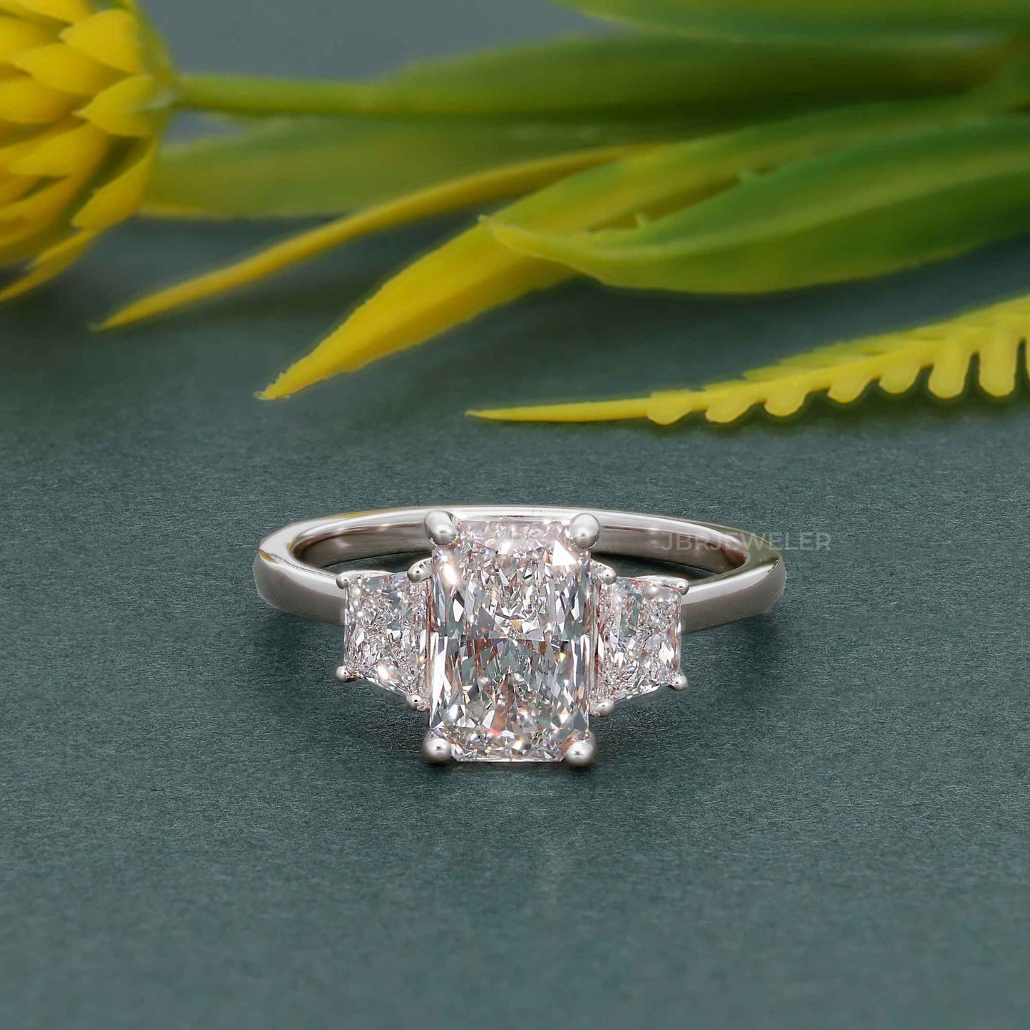 2Ct Radiant Cut Lab Grown Side Trapezoid Engagement Ring