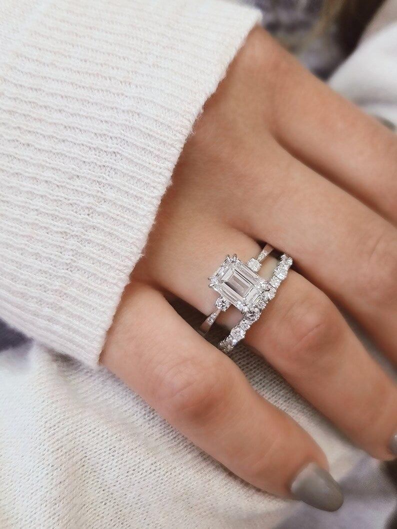 2CT Emerald Cut Certified Lab-Grown Diamond Ring wedding Bridal Set - JBR Jeweler