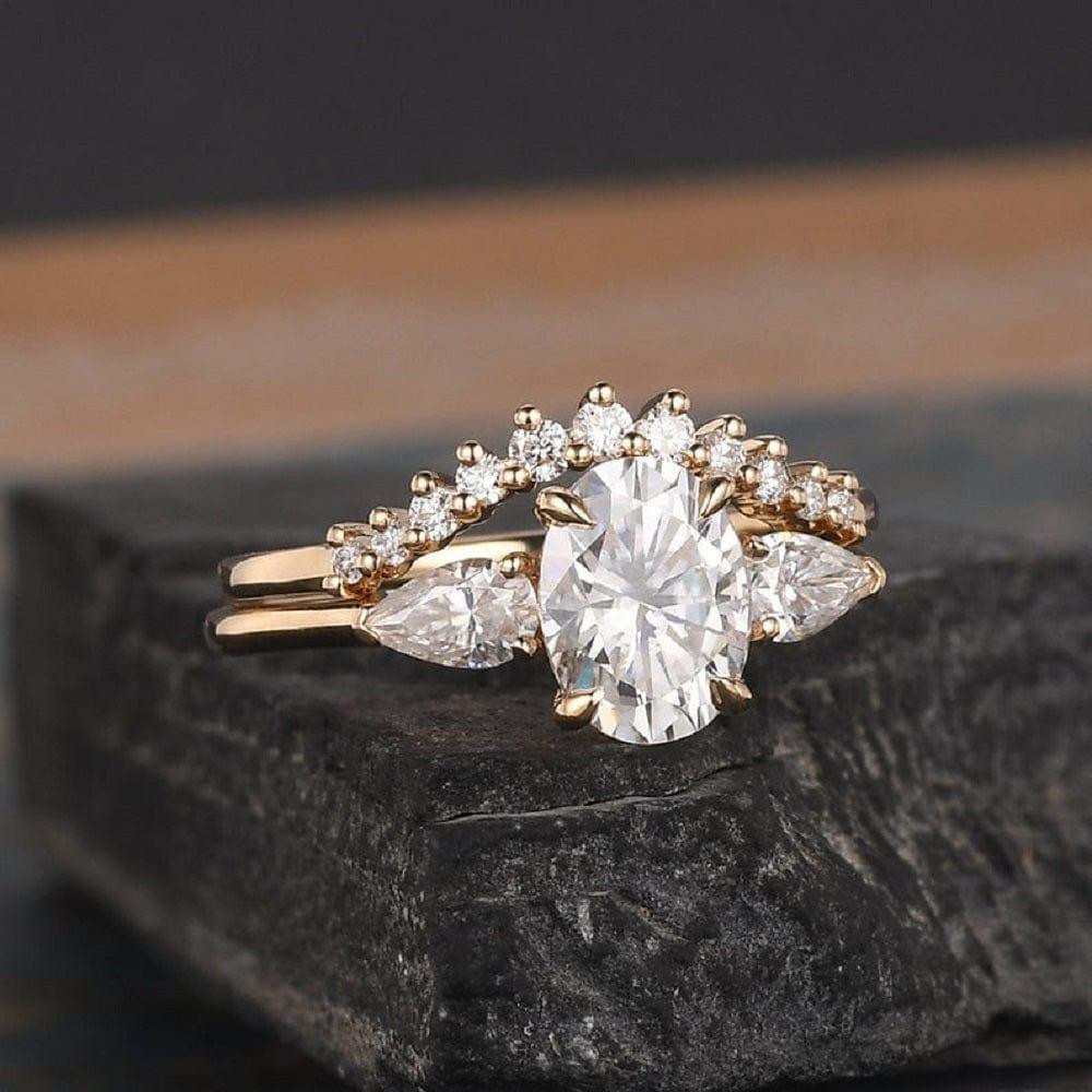 2CT Oval Cut Pear Shaped Three Stone Moissanite Bridal Set Ring - JBR Jeweler
